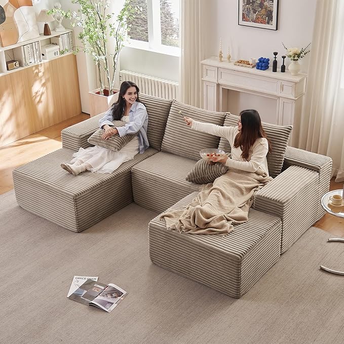 Lakifun 107" L-Shape Sofa with Ottoman, Modern Modular Sectional Comfy U-Shape Cloud Couch, Deep Seat, Upholstered Corduroy Sleeper Chaise Longue for Living Room Bedroom, No Assembly Required, Camel