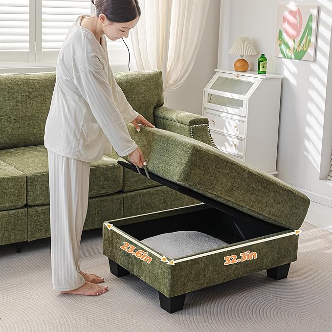 Rukefo 85" Sectional Sofa Couch with Storage Ottoman,L Shaped Couch with Armrest Organizer,3-Seater Sofa,Small Modular Couches for Living Room,Bedroom,Apartment,Chenille,Green