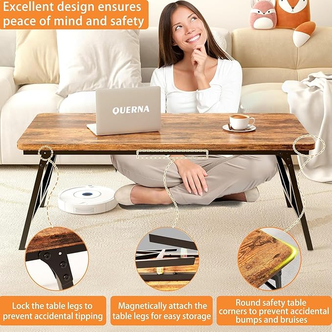Folding Coffee Table, Leg Latches Portable Sturdy Floor Table, No Assembly Low Coffee Table for Living Room, Home, Office, Rustic Brown, Caravan and Outdoor use,31.5L‘ x 15.8W’ x 15.8H’