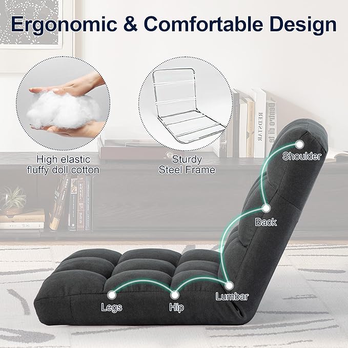 HOMYEDAMIC Floor Chair, 24 inches Wide Oversized Velvet Armless Lay Flat Floor seat Padded Meditation Chair with 6 Adjustable Position Ergonomic Comfortable Convenient(LRSF-002-GREY)