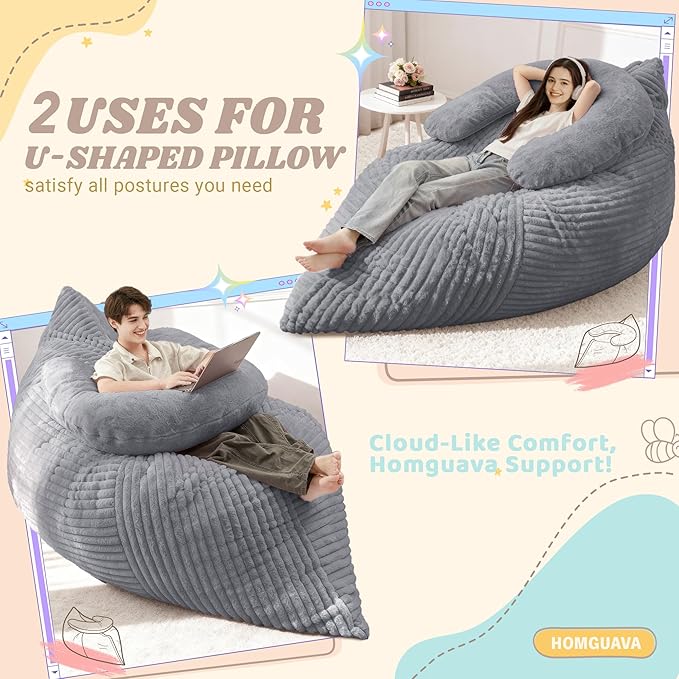 Homguava Giant Bean Bag Chair for Adults with Pillow, 4 in 1 Convertible Floor Cushion for Adluts, Memory Foamed Bean Bag Lounger with Washable Cover for Living Room, Bedroom