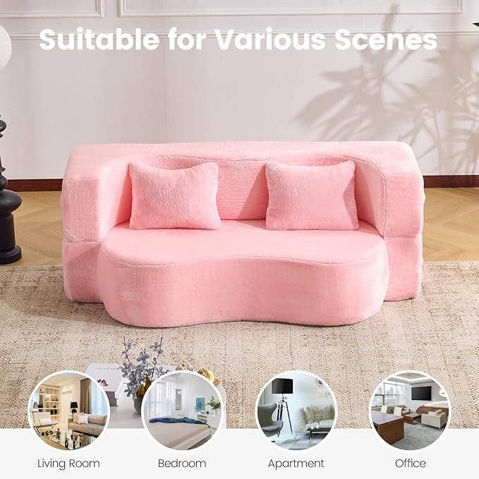 Orynveela Convertible Folding Sofa Bed, 71” Single Size Floor Sleeper Couch, Chenille Full Foam Futon Loveseat for Living Room Bedroom, No Assembly Required (Pink)
