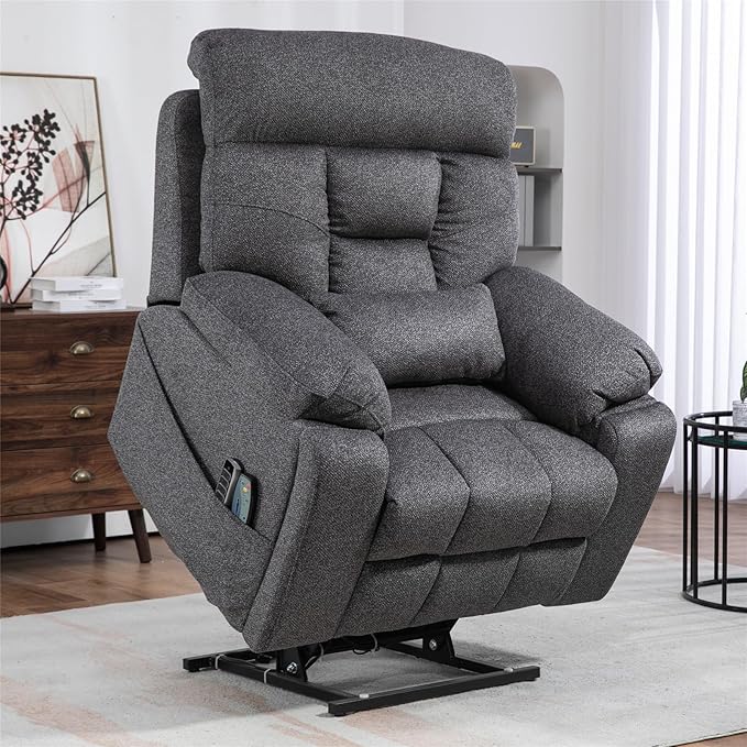 Lay Flat Power Lift Recliner Chair, | 400lbs | 25.5in Extra Wide | 4-Motor | Heat, Massage, Hidden Cup Holder, Sleeping | Big Man, Elderly (Light Grey)
