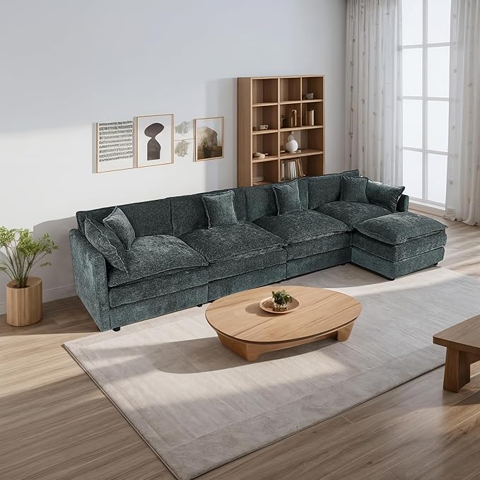 Aoowow Modular Sectional Sofa Modern Convertible L Shaped Couch,147.2 Inch Deep 4-Seater Sofas Set Comfy Chenille Cloud Sofas and Couches with Movable Ottoman for Living Room Apartment（Grey）