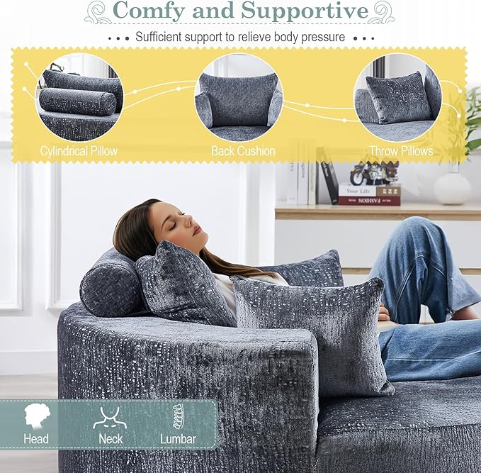 Oversized Round Chaise Longue Chair Indoor, Modern 55-inch Upholstered Chenille Deep Seat Circle Single Cloud Lounge Floor Sofa Chair for Living Room, Bedroom Apartment, Grey