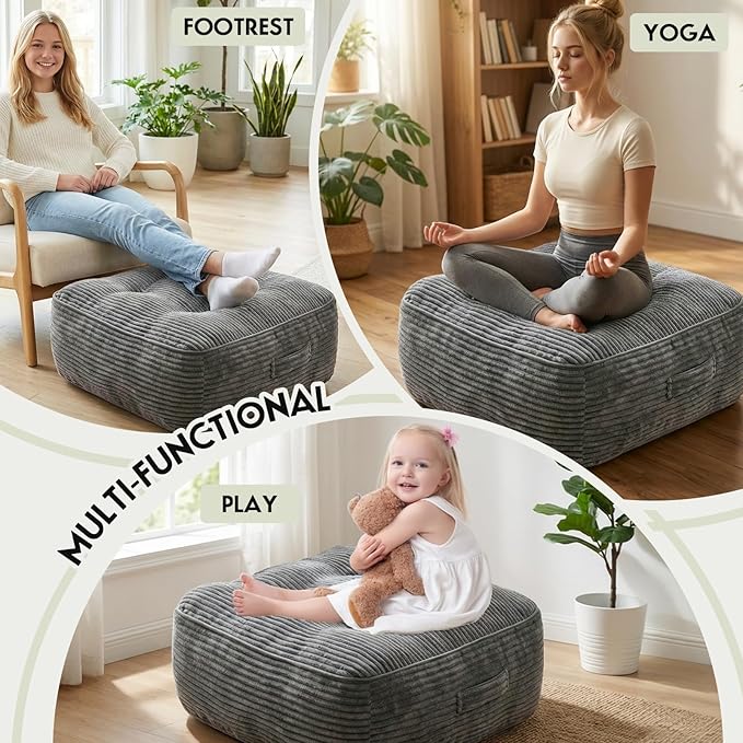 11In Washable Floor Pillow for Adults, Yoga & Meditation Cushion with Handle, Square Large Pillows Seating with Removable Tufted Corduroy Cover for Tatami Living Room Board Games, Light Gray