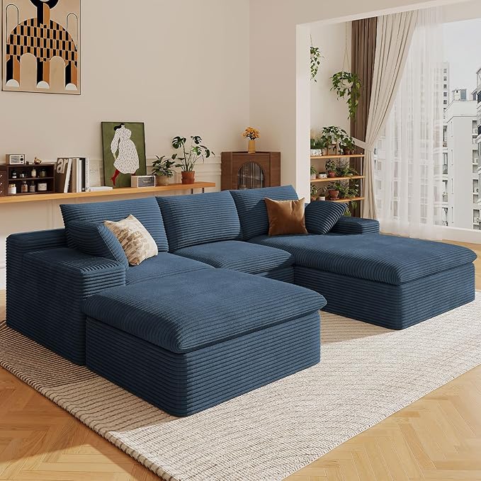 107" Cloud Sectional Couch with U-Shaped Chaise,Viral Corduroy Boneless Sofa with Ottoman,Memory Foam Couches in a Box with Deep Seat for Living Room,No Assembly Required (Blue,Right-Facing Chaise)