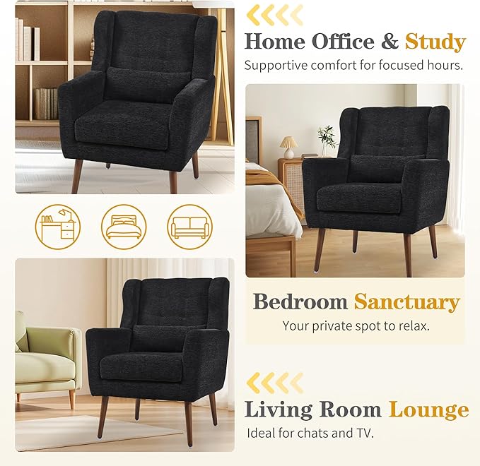 QKFF Modern Accent Chair, Upholstered Armchair with Pillow, Fabric Single Sofa Chair with Lounge Seat Solid Wood Legs Accent Chair for Living Room Bedroom Small Spaces(Black)