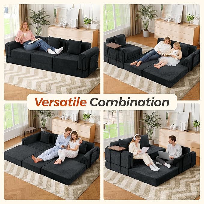 100" Oversized Convertible Sleeper Sofa Bed, Modular Sectional Cloud Sofa with Fixed-Shape Frame & Tabletop, Boneless Couch with Storage Pocket for Living Room, No Assembly Required, Black