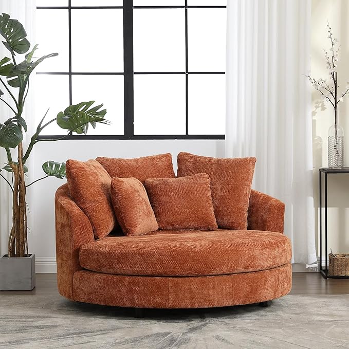 Chifee & Vingol 59.8" W Oversized Accent Barrel Chair Large Round Chair with Wheels,Burnt Orange