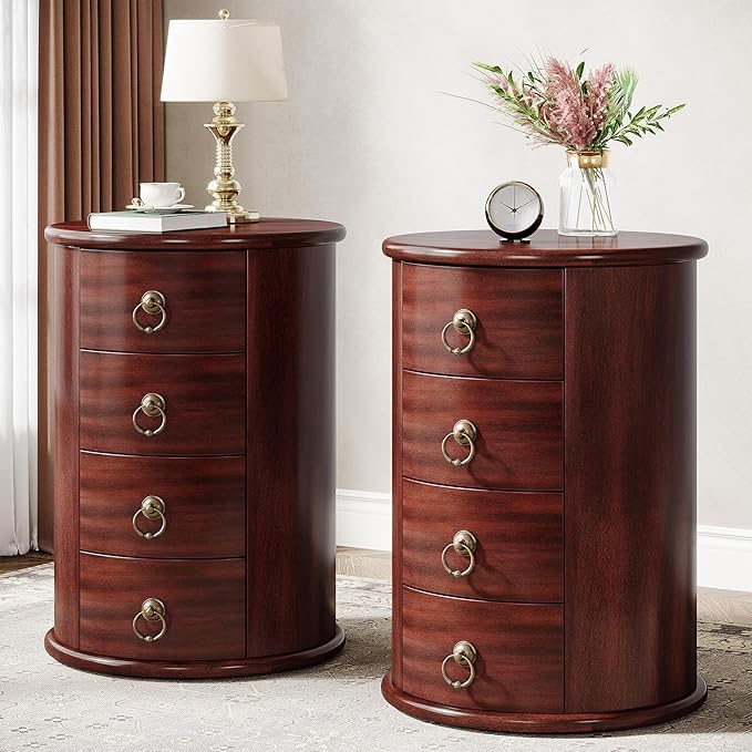 Tribesigns Solid Wood End Table Set of 2, Round Side Table with 4 Drawers, Vintage Bedside Table Nightstand for Small Spaces, Living Room, Bedroom, No Assembly Required (2, Cherry Brown)