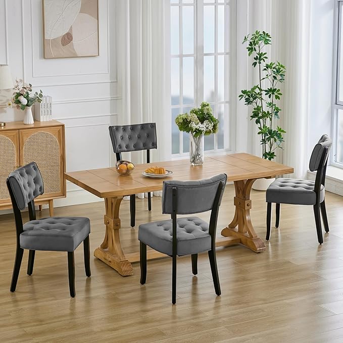 UVV Upholstered Dining Chairs Set of 4, Mid Century Modern Tufted Kitchen Chairs Dining Room Chairs, Velvet Dinner Chair with Wood Legs for Dining Room Kitchen, Dark Grey-Black Legs