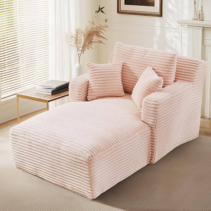 VEPXXP 65.4" Chaise Lounge Chair Indoor, Oversized Boneless Couch Comfy Upholstered Sleeper Sofa Bed with 3 Pillows, Corduroy Cloud Reading Chair for Living Room No Assembly Required, Pink