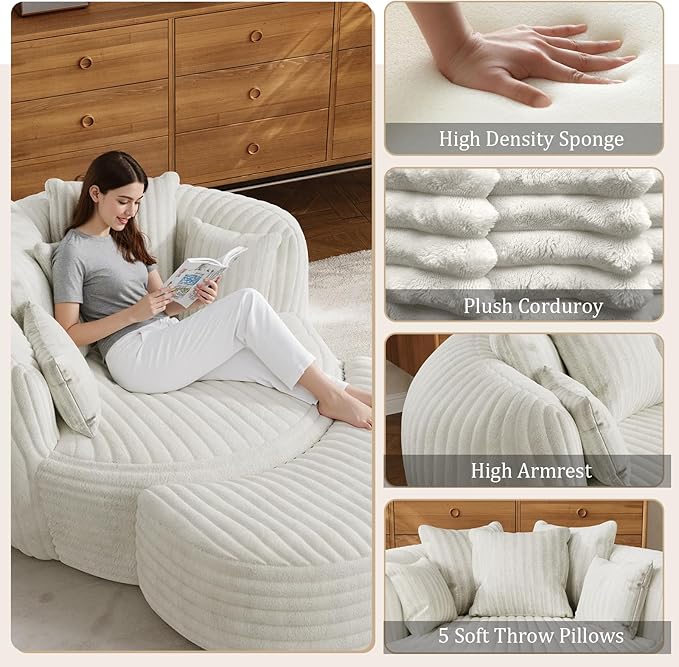 50" W Oversized Round Chaise Lounge Chair with Ottoman Indoor Boneless Plush Fluffy Corduroy Circle Couch Soft Comfy Cozy Cloud Reading Chair for Living Room, Playroom, Bedroom - Beige White