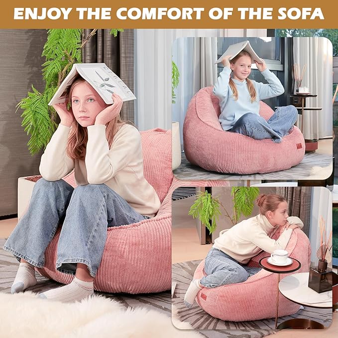 Bean Bag Chair, Cozy Fluffy Beanbag Chairs with Filler for Teens and Kids, Floor Lazy Sofa for Living Room, Gaming & Reading（M-Pink）