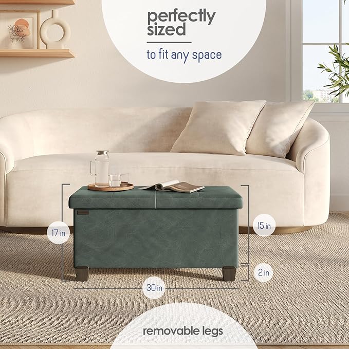 Storage Ottoman Bench with Bins, 30-in Storage Bench for Bedroom End of Bed, Folding Foot Rest Ottoman for Living Room Max 660lbs, Faux Leather Ottomans, Green