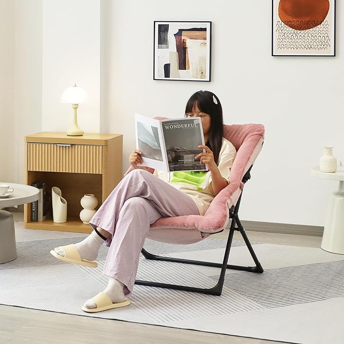 Comfy Saucer Chair for Adults, Soft Faux Fur Bedroom Chair, Accent Dorm Chairs, Flexible Living Room Reading Chairs, Oversized Folding Lounge Seat for Teens, X-Large, Dusky Pink