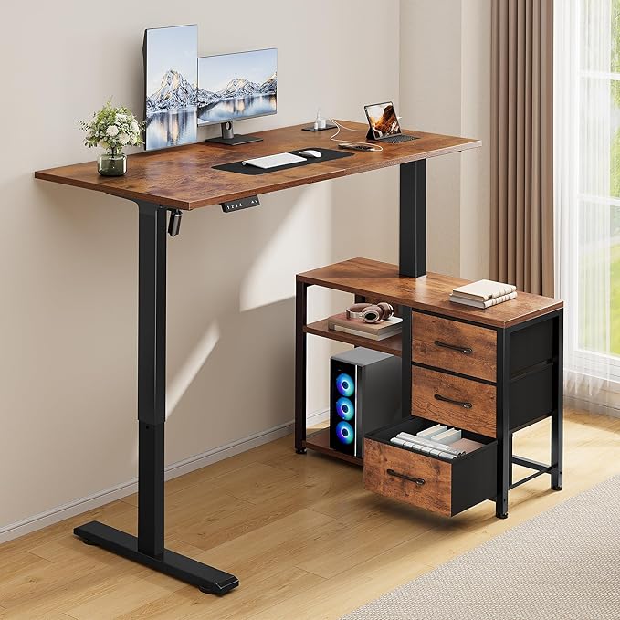 47 Inch L Shaped Standing Desk with 3 Drawers Electric Standing Desk with Storage Computer Desk Adjustable Height with Power Outlets 4 Memory Presets for Home Office, Rustic Brown