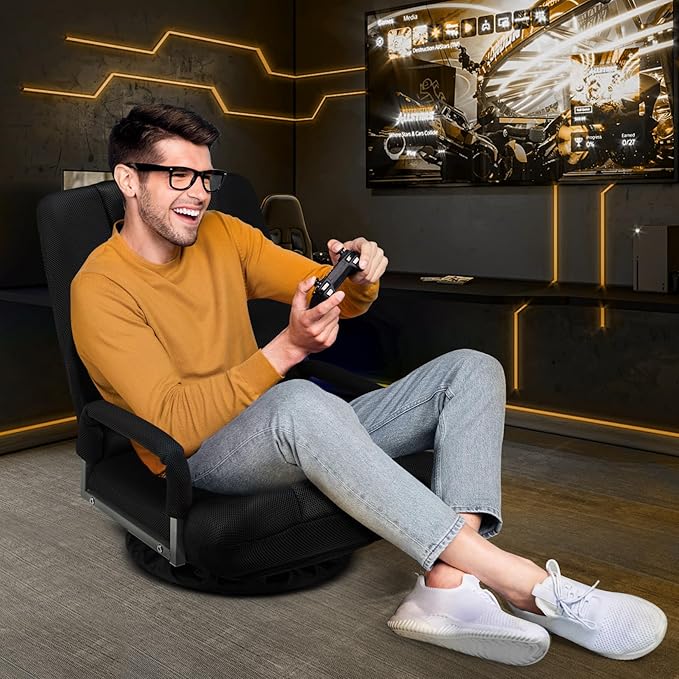Swivel Gaming Chair 360 Degree Multipurpose Floor Chair w/Armrest & 6 Adjustable Postions Backrest for Adults & Kids, for Reading, Gaming, Watching, Relaxing, Black
