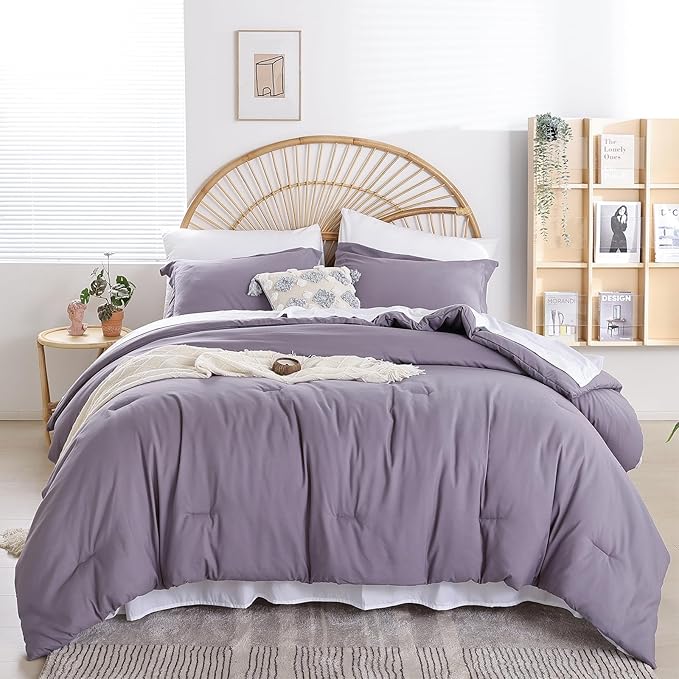 weigelia Queen Comforter Set 7 Pieces Dusty Purple Comforter Set Soft Queen Size Bedding Set with Fitted Sheets, Flat Sheets, Pillow Shams, and Pillowcases