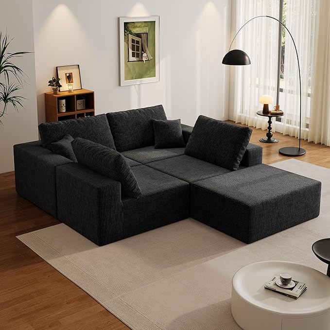 139" Boneless Cloud Sectional Couch for Living Room, Compressed Modular L-Shaped Sofa with Deep Seat, Frameless Corduroy Couch in Boxes, No Assembly Required 4-Seater (Left-Facing Chaise, Black)