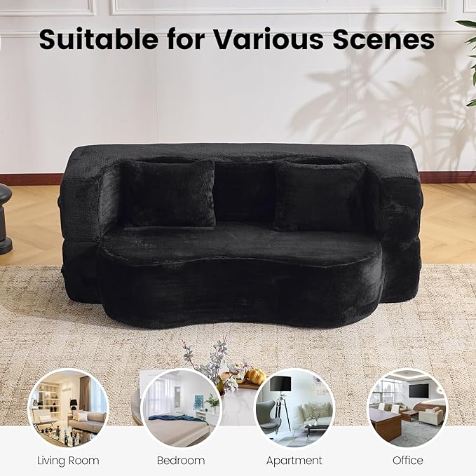 Orynveela Convertible Folding Sofa Bed, 71” Single Size Floor Sleeper Couch, Chenille Full Foam Futon Loveseat for Living Room Bedroom, No Assembly Required (Black)