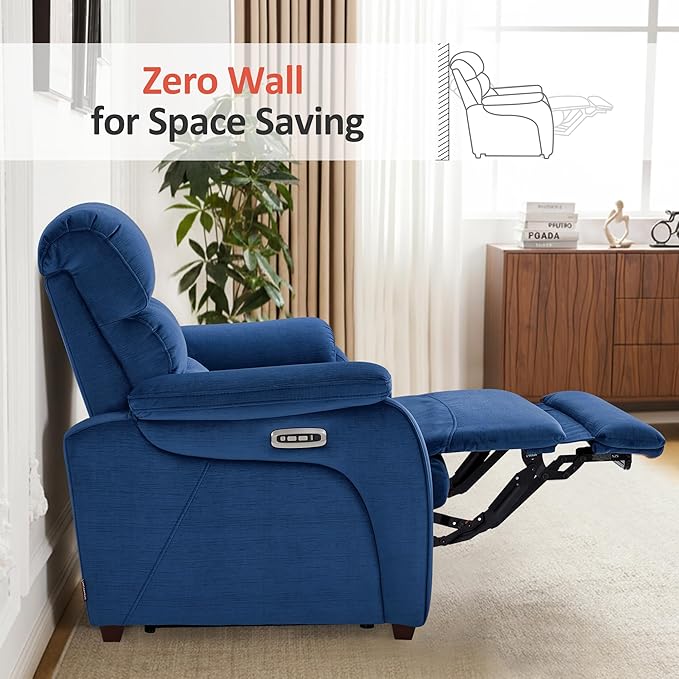 MCombo Power Zero Wall Hugger Recliner Chair for Small Space RV Living Room, Power Recliner with Adjustable Headrest, USB & USB-C Charging Ports, Fabric ST257 (Navy Blue)