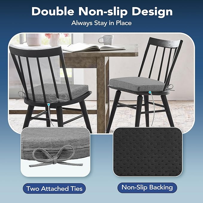 Chair Cushions for Dining Chairs, Non Slip Chair Pads with Ties and Washable Covers, Memory Foam Kitchen Chair Cushions Set of 4, 16"X16"X2.5", Dark Gray