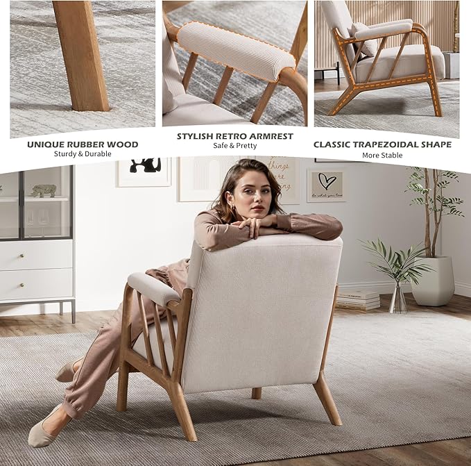 INZOY Mid Century Modern Accent Chair with Wood Frame, Upholstered Reading Armchair with Soft Corduroy Fabric, Accent Chair for Living Room Bedroom Apartment, Easy Assembly, Beige