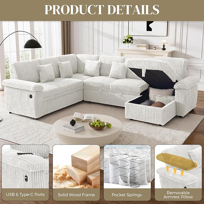 Modular Sectional Sleeper Sofa with Pull Out Bed, Storage Chaise & USB Charging, U Shaped Plush Corduroy Beige Sectional Couches for Living Room, Comfy Convertible 7 Seat Cloud Sofa Bed, Beige