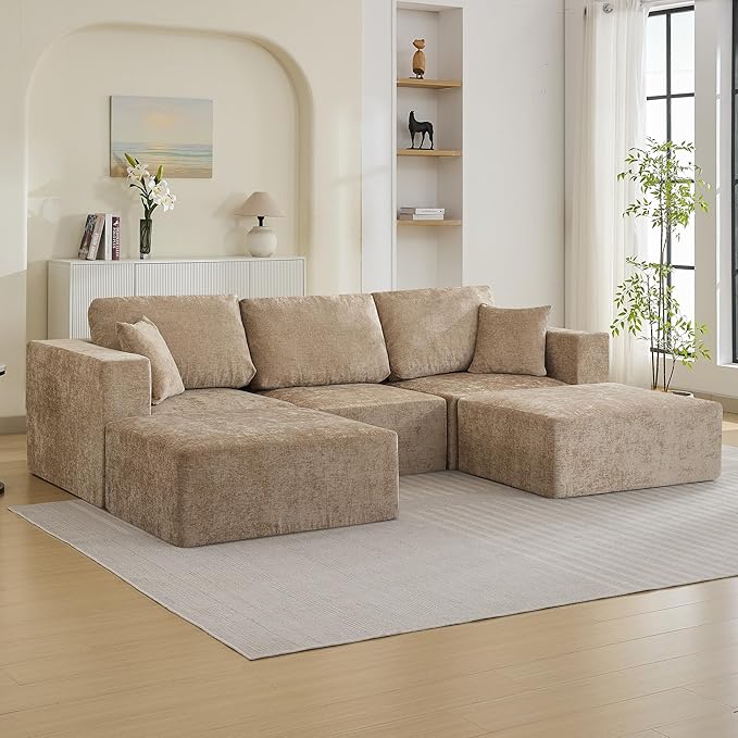 115'' Boneless U Shaped Modular Sectional Sofa, Deep Seat 3 Seater Chenille Couch with 2 Movable Ottomans, Convertible Sleeper Sofa with Chaise for Living Room, Camel