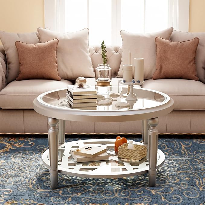 SUNBURY Glass Coffee Table, 32" Round Coffee Table, Glass Side Table, Lightweight Accent End Table for Living Room, Bedroom, Dinning