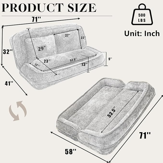 Foldable Lazy Sofa Bed, Chenille Upholstered Human Dog Bed for Adults, 2 in 1 Convertible Floor Sofa with 5 Adjustable Backrest Positions and Soft Cushions for Living Room (Black)