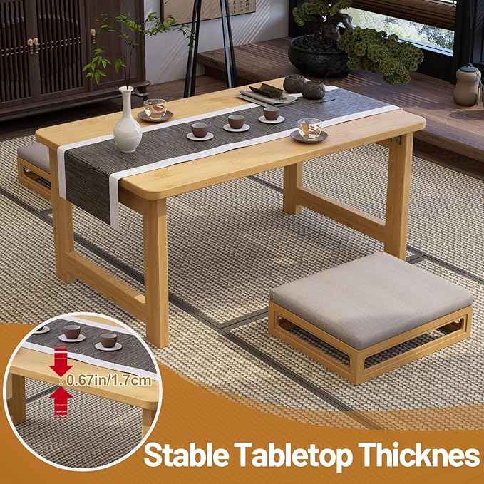 OETPJM Japanese Floor Table, Bamboo Folding Coffee Table, Portable Solid Wood Japanese Tatami Tea Table Table, No Assembly Japanese Dining Table for Sitting on The Floor, Easy Storage (Natural)