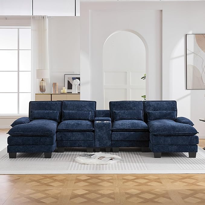 125'' U Shaped Cloud Modular Sofa with Chaise Lounges, Upholstered Comfy Sectional Couch with Storage Console, USB Charging & Cup Holders, Small Deep Seat Sofa for Living Room, Sherpa- Chenille Navy