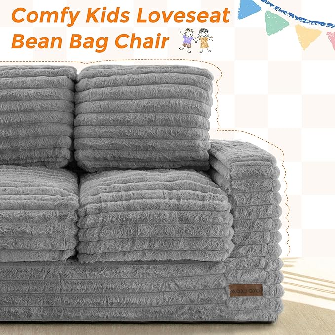 MAXYOYO Extra Wide Kids Bean Bag Chair, Comfy Faux Fur Bean Bag Sofa with Filler, Upholstered Floor Sofa with Pillows and Armrests, Lazy Floor Chair Couch for Boys and Girls, Grey