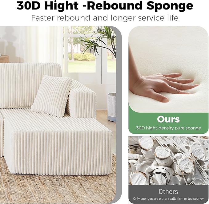 VYNELITO Oversized U Shaped Couch with Chaise, Modern Modular Sofa with Deep Seat, Corduroy Upholstered Boneless Couch for Living Room, No Assembly Required, Beige