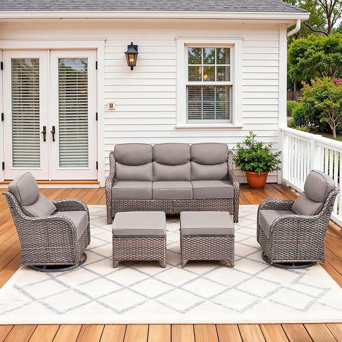 Pugire Luxury High Back Patio Furniture Set with 6-Inch Thick Cushions, 5-Pieces Outdoor Furniture with Swivel Chairs, Wicker Conversation Set for Porch, Balcony, Deck and Yard, Brown/Grey