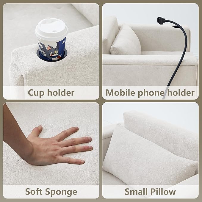 ORRD Pull Out Sofa Chair Bed, 2-in-1 Multi-Functional Sleeper Couch Small Loveseat Bed with Hidden Side Table, Phone Holder and Cup Holder for Living Room, Small Space, Apartment (White)