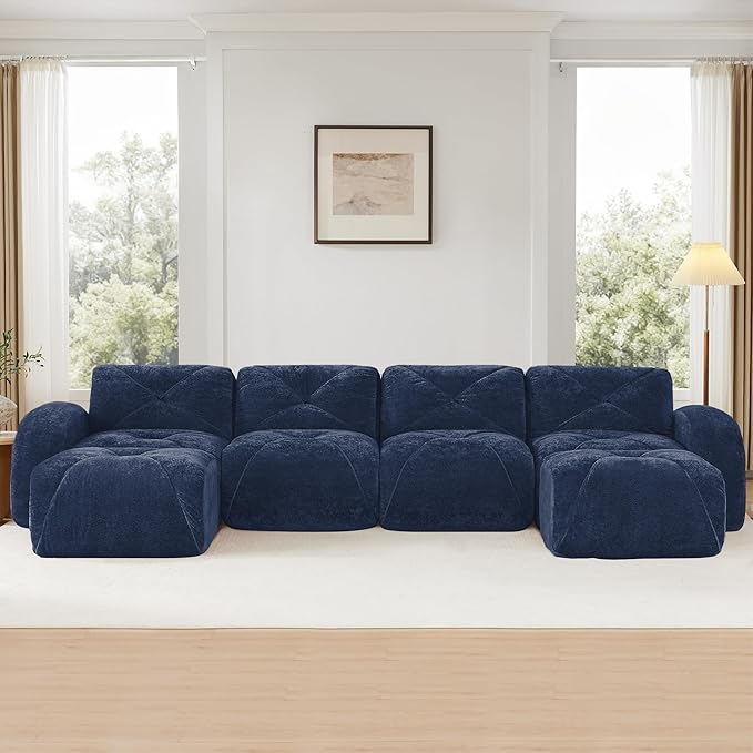 Modular Sectional Sofa with Free Combination,Oversized Boneless Floor Couch for Living Room & Lounge,Velvet 3-Seater Sectional Couch with 2 Ottomans,No Assembly Needed