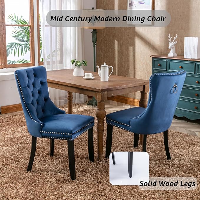 YeahFurn Blue Mid Century Modern Dining Chairs Set of 2, Velvet Upholstered Kitchen & Dining Room Chairs with Nailhead Trim & Solid Wood Legs, Elegant Sillas De Comedor (Blue, 2 Pcs)