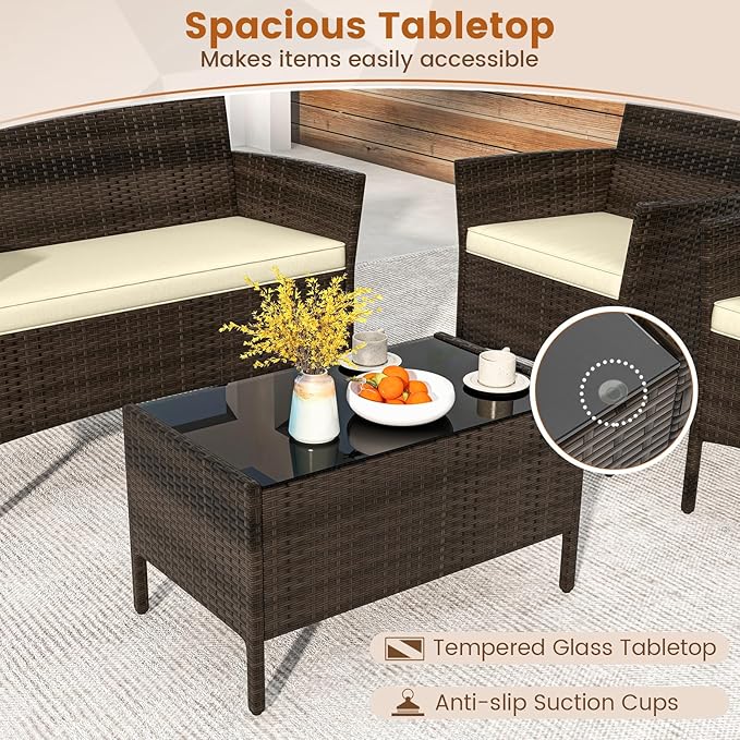 HAPPYGRILL 4 Pieces Outdoor Rattan Conversation Set, Patio Wicker Furniture Set with Loveseat Chairs & Tempered Glass Coffee Table, Outside Sectional Sofa Set for Backyard, Garden & Poolside