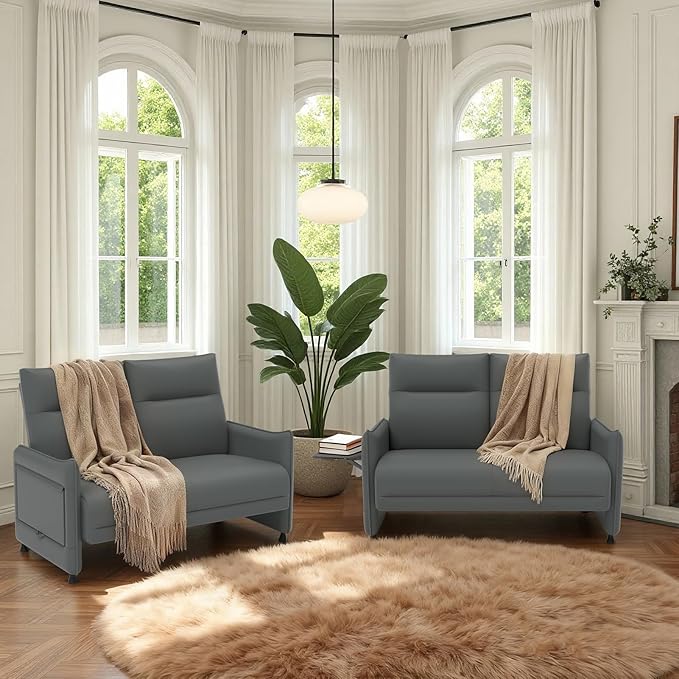 Faux Leather Loveseat, Upholstered Loveseat with Hidden Foldable Tray & Side Pocket, Front Contour Arm Design, Modern 2-Seater Sofa Couch for Compact Spaces, Gray