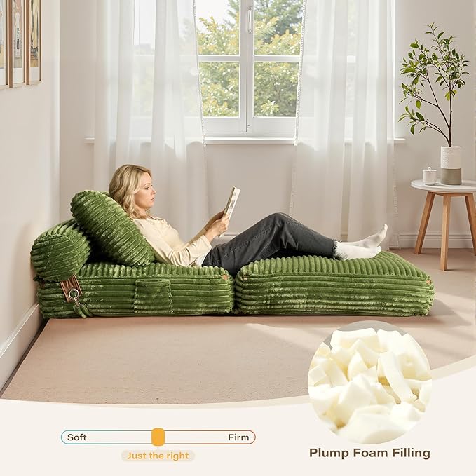 75''Foldable Sofa Bed,Green Convertible Folding Sleeper Chair Bed,Foldable Single Sofa Foam Filling Couch with Pillow, Comfy Corduroy Lazy Floor Sofa for Small Room Living Room Bedroom Apartment