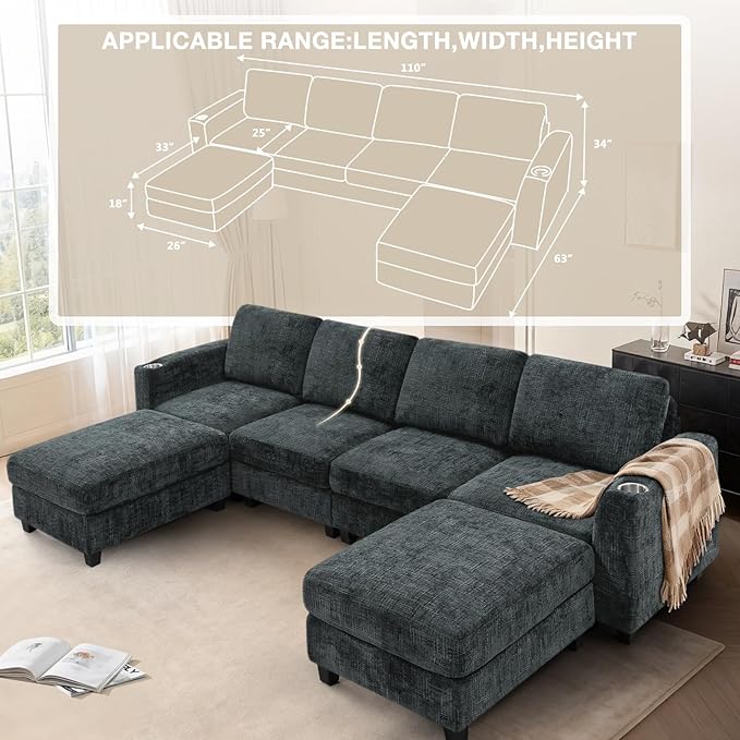 Lesofair 110" Convertible U-Shape Couch with 2 Flexible Ottomans, Soft Sectional Sofa with Durable Cup Holders, Chenille 4 Seater Sofa with Well-Filled Backrest for Living Room, House, Grey
