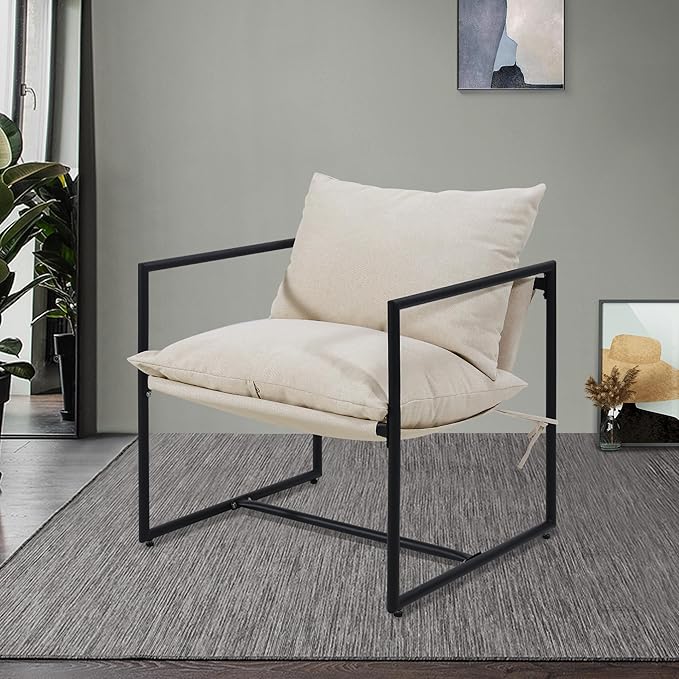 Kromax Sling Accent Chair, Cozy Living Room Chairs, Square Metal Frame, Upholstered Soft Cushion, Sponge, 28" x28“x32, Easy Assembly, Beige
