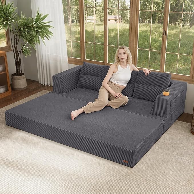 COMAX Futon Sofa Bed Queen, 79" Convertible Sofa Bed Couches for Living Room, 4 in 1 Folding Boneless Sleeper Corduroy Couch Loveseat Foam in a Box, Comfy Foldable Lounge Fold Out Floor Mattress Grey