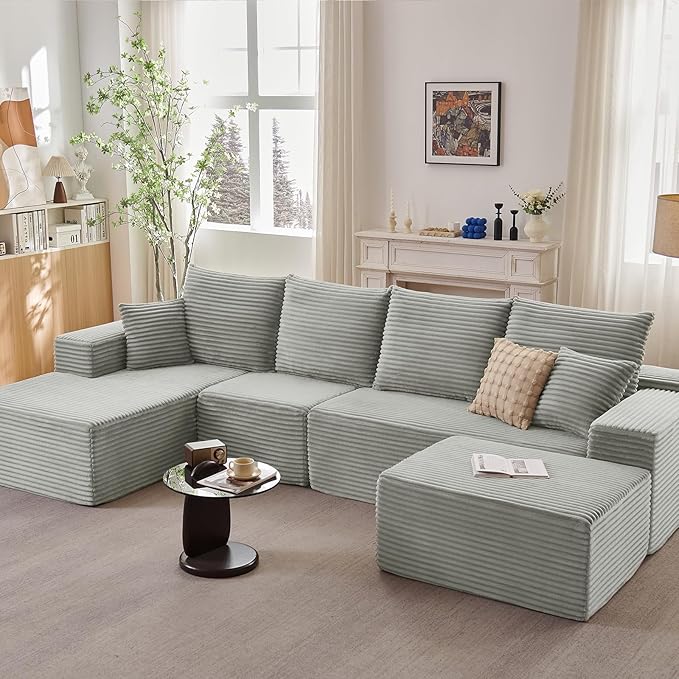135.4" Cloud Sectional Couch with Ottoman,Modern U-Shaped Cloud Couch with Deep Seat,Comfy Corduroy 4-Seater Sofa,Memory Foam Sofa for Living Room,No Assembly (Gray,Left-Facing Chaise)