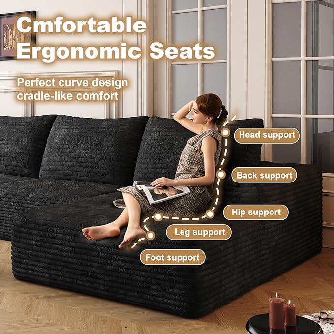AUGOP 136" Sectional Couches for Living Room Modern Modular Sofa with L-Shape Couchs Upholstered Boneless Couch Deep Seat Sectional Couch with Chaise (Black, Right Facing Chaise+3Seaters)