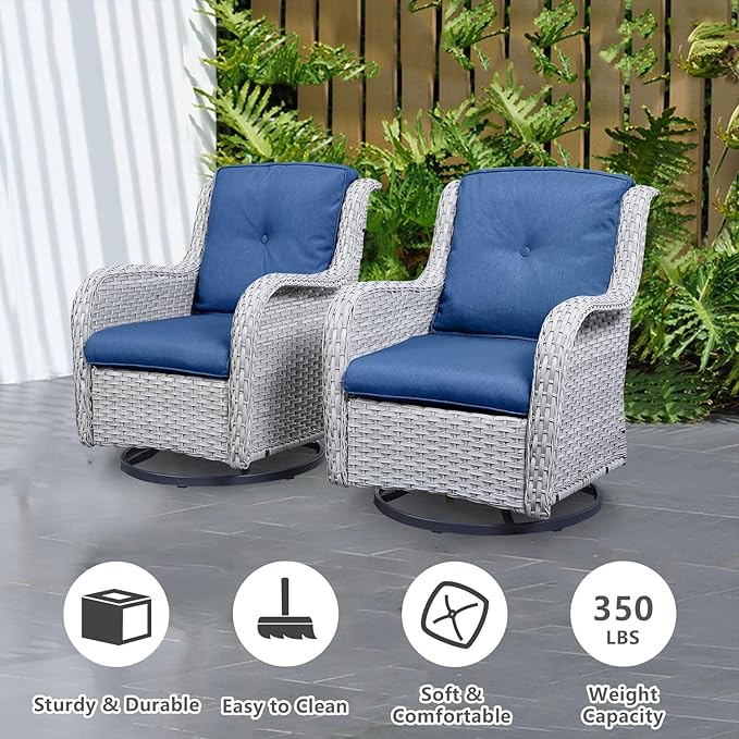 Belord Outdoor Swivel Rcoker Patio Chairs - Outdoor Swivel Patio Chairs Set of 2 Wicker Chair Patio Furniture Sets with Covered Cushion for Porch Deck Balcony Garden, Blue Cushion